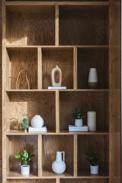 Built-in wood shelving